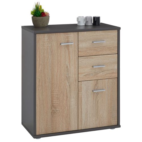 Buffet Remy, Commode Meuble De Rangement Avec 2 Tiroirs Et 2 Portes, En Mélaminé Gris Mat Et Décor Chêne Sonoma