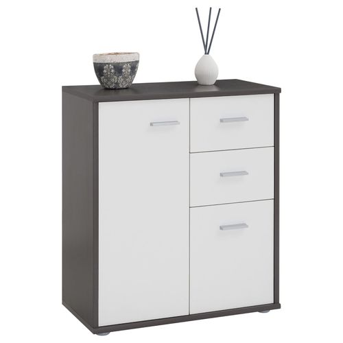 Buffet Remy, Commode Meuble De Rangement Avec 2 Tiroirs Et 2 Portes, En Mélaminé Gris Mat Et Blanc Mat