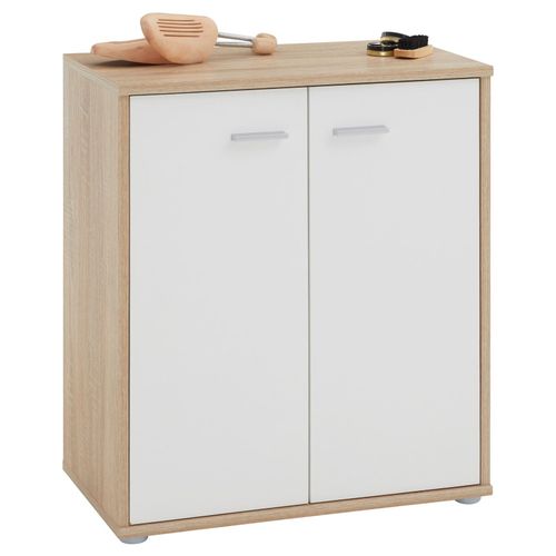 Meuble À Chaussures Olympe, Commode Meuble De Rangement Avec 2 Portes, En Mélaminé Décor Chêne Sonoma Et Blanc Mat