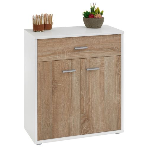 Buffet Monaco, Commode Meuble De Rangement Avec 1 Tiroir Et 2 Portes, En Mélaminé Blanc Mat Et Décor Chêne Sonoma