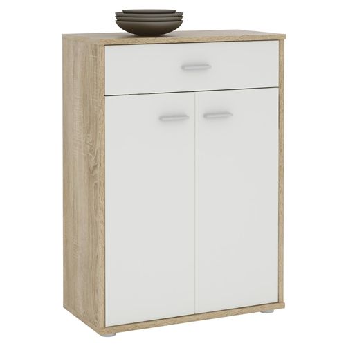 Buffet Calais, Commode Meuble De Rangement Avec 1 Tiroir Et 2 Portes, En Mélaminé Décor Chêne Sonoma Et Blanc Mat