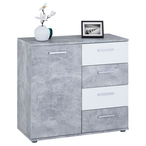 Buffet Chicago Commode Meuble De Rangement En Mélaminé Décor Béton Et Blanc, Avec 4 Tiroirs Et 1 Porte