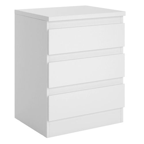 Table De Chevet Burgos, Commode Table De Nuit Avec 3 Tiroirs Sans Poignée, En Mélaminé Blanc Mat