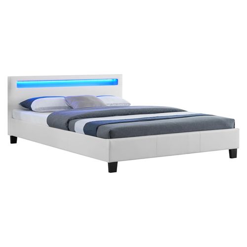 Lit Double Pour Adulte Pinot Avec Sommier 140x190 Cm 2 Places 2 Personnes, Tête De Lit Avec Led Intégrées, En Synthétique Blanc
