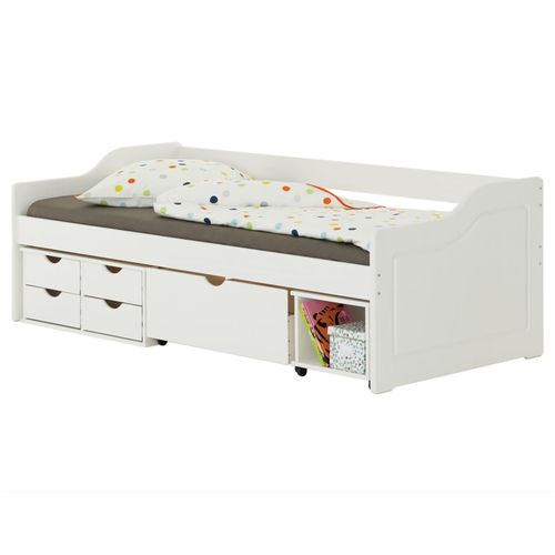 Lit Fonctionnel Senta Avec Rangements 4 Tiroirs 1 Caisson Et 1 Niche Sur Roulettes, Couchage 90 X 200 Cm, En Pin Massif Lasur? Blanc