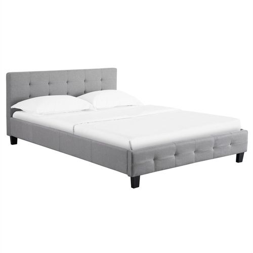 Lit Double Pour Adulte Mathieu Avec Sommier 140x190 Cm 2 Places / 2 Personnes, Tête Et Pied De Lit Capitonnés, En Tissu Gris