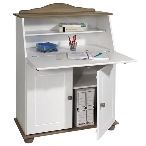 Bureau Secrétaire David Avec Abattant Rangement Plusieurs Étagères 2 Portes Plan De Travail Rabattable, En Pin Massif Taupe Et Blanc