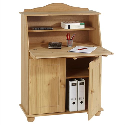 Bureau Secrétaire David Avec Abattant Rangement Plusieurs Étagères 2 Portes Plan De Travail Rabattable, En Pin Massif Teinté Et Ciré
