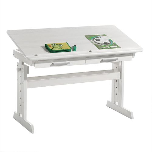 Bureau Enfant Écolier Junior Olivia Table À Dessin Réglable En Hauteur Et Pupitre Inclinable Avec 2 Tiroirs En Pin Massif Blanc