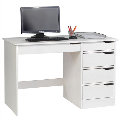 Bureau Hugo Avec Rangement 5 Tiroirs Style Scandinave En Pin Massif Lasuré Blanc
