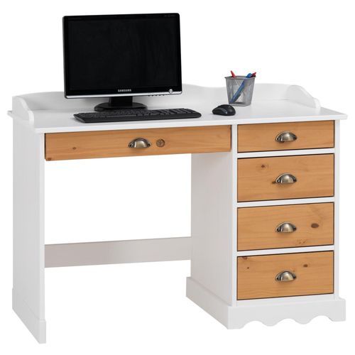 Bureau Colette Rangement Avec 5 Tiroirs Et Plateau Avec Corniche, En Pin Massif Lasuré Blanc Et Brun