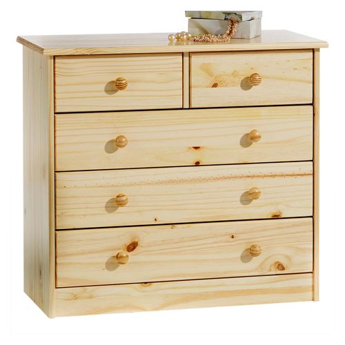 Commode De Chambre Rondo Meuble De Rangement Avec 5 Tiroirs, En Pin Massif Vernis Naturel
