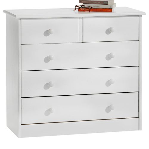 Commode De Chambre Rondo Meuble De Rangement Avec 5 Tiroirs, En Pin Massif Lasur? Blanc