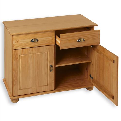 Buffet Colmar Commode Bahut Vaisselier Meuble Bas Rangement Avec 2 Tiroirs Et 2 Portes, En Pin Massif Teinté Et Ciré