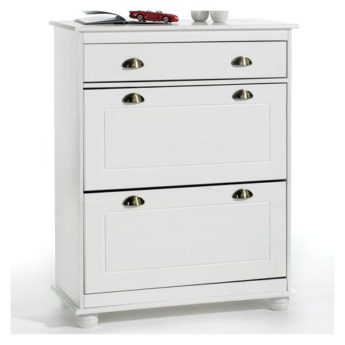 Meuble À Chaussures Colmar Armoire Rangement Avec 2 Abattants Et 1 Tiroir, En Pin Massif Lasuré Blanc
