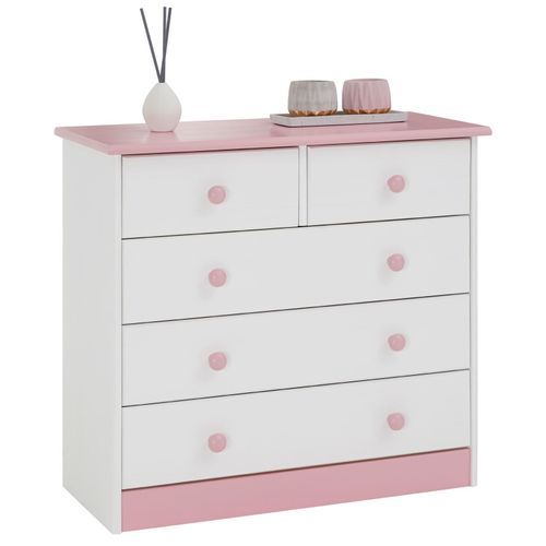 Commode De Chambre Rondo Meuble De Rangement Avec 5 Tiroirs, En Pin Massif Lasur? Blanc Et Rose