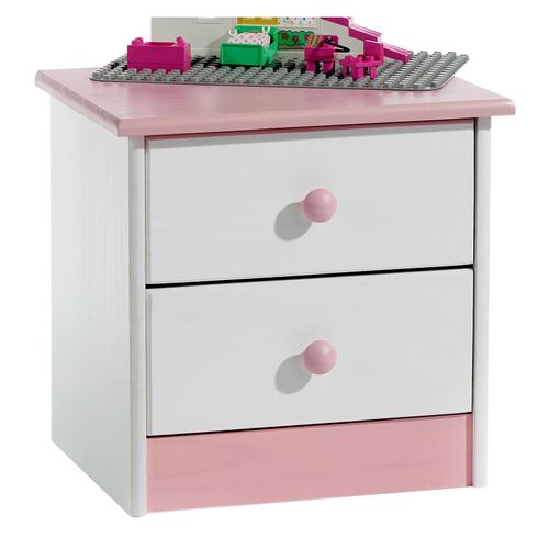 Table De Chevet Rondo Avec 2 Tiroirs, Table De Nuit En Pin Massif, Chevet En Bois Lasur? Blanc Et Rose