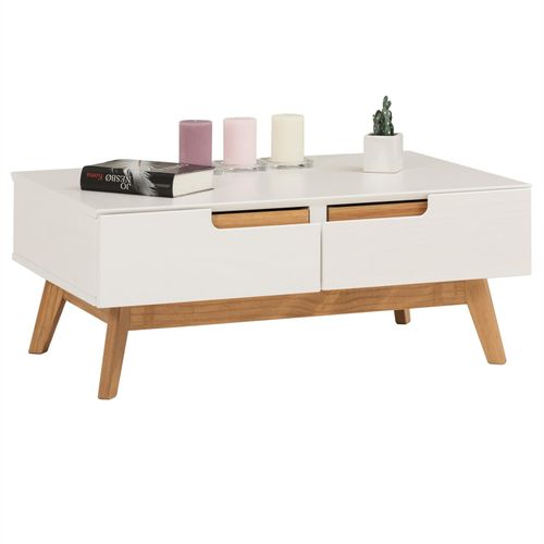 Table Basse Tibor Style Scandinave Design Vintage Nordique Table De Salon Rectangulaire 2 Tiroirs 2 Niches Pin Massif Lasur? Blanc