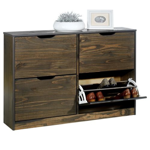 Meuble À Chaussures Basil Armoire Avec 2 X 2 Abattants Rangement Pour 24 Paires, En Pin Massif Lasuré Gris