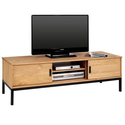Meuble Tv Selma Banc Télé De 145 Cm Au Style Industriel Design Vintage Avec 2 Portes Coulissantes, En Pin Massif Teinté Brun Clair