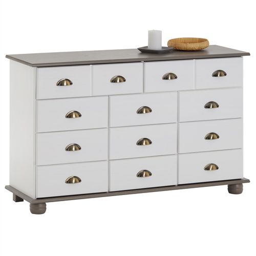 Commode Colmar Chiffonnier Apothicaire Rangement Avec 11 Tiroirs En Pin Massif Lasur? Blanc Et Taupe