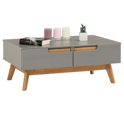 Table Basse Tibor Style Scandinave Design Vintage Nordique Table De Salon Rectangulaire 2 Tiroirs 2 Niches En Pin Massif Lasur? Gris