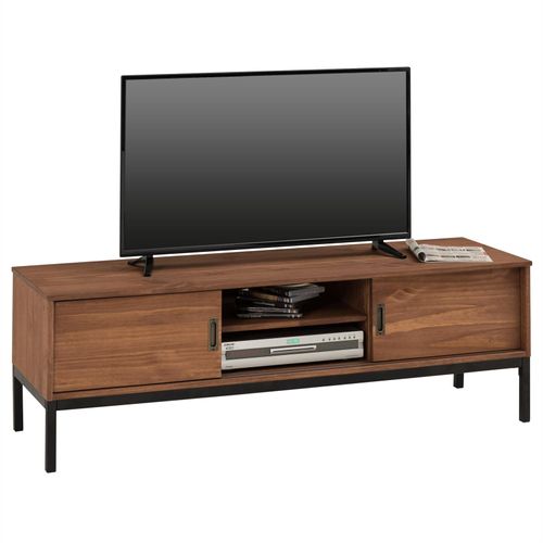 Meuble Tv Selma Banc Télé De 145 Cm Au Style Industriel Design Vintage Avec 2 Portes Coulissantes, En Pin Massif Teinté Brun Foncé
