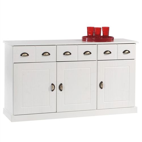 Buffet Paris Commode Bahut Vaisselier Avec 3 Portes Battantes Et 3 Tiroirs Pin Massif Lasuré Blanc