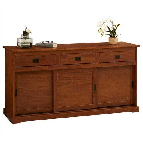 Buffet Savona Bahut Vaisselier Commode Avec 3 Tiroirs Et 3 Portes Coulissantes, En Pin Massif Lasuré Brun Foncé