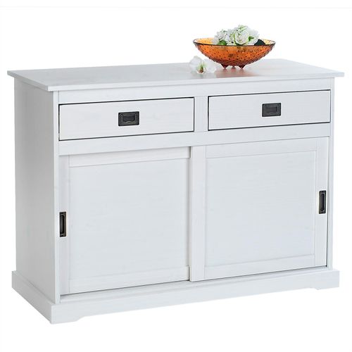 Buffet Savona Bahut Vaisselier Commode Avec 2 Tiroirs Et 2 Portes Coulissantes, En Pin Massif Lasuré Blanc