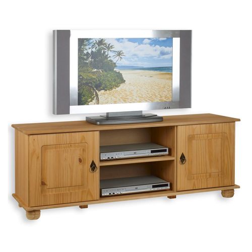 Meuble Tv Belfort Banc Télévision De 134 Cm En Bois Style Campagne Avec 2 Portes Et 2 Niches, En Pin Massif Teinté Et Ciré