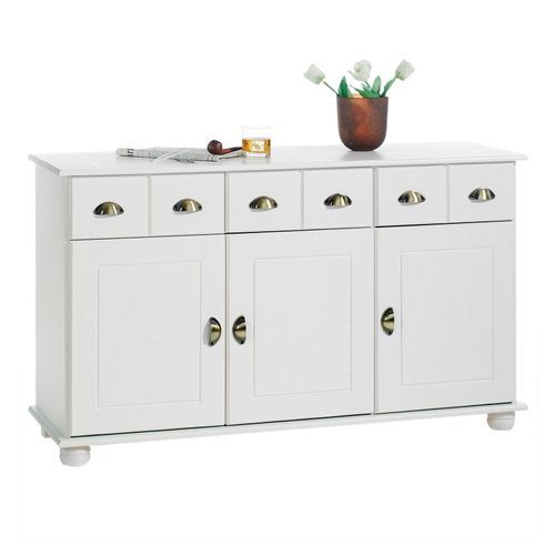 Buffet Colmar Commode Bahut Vaisselier Meuble Bas Rangement Avec 3 Tiroirs Et 3 Portes, En Pin Massif Lasuré Blanc