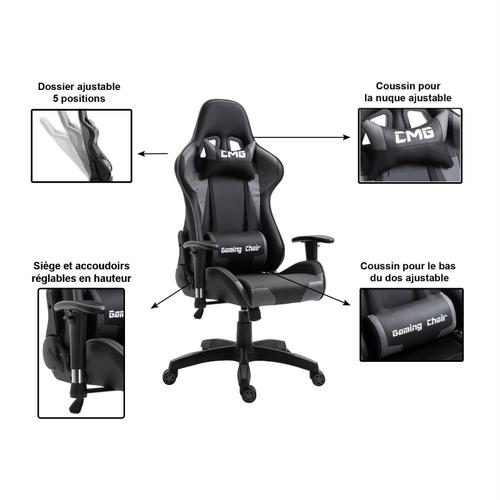 Fauteuil chaise de bureau gaming gamer avec coussin noir gris