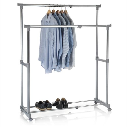 Portant À Vêtements Casa En Métal Chromé Et Gris, Penderie Double Sur Roulettes Avec 2 Barres Hauteur Et Longueur Réglables