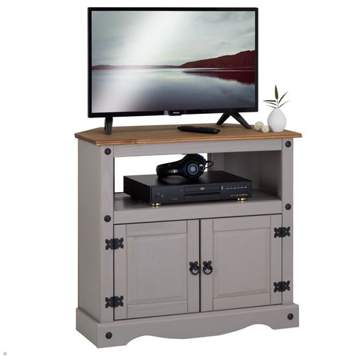Meuble Tv Ramon Banc Télévision En Pin Massif Gris Et Brun Avec 2 Portes Et 1 Niche, Meuble De Rangement Style Mexicain En Bois