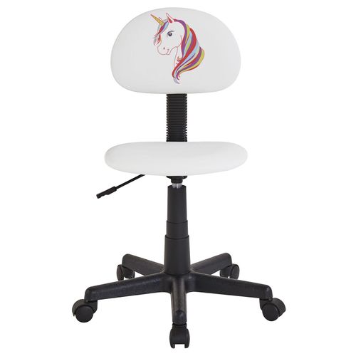 Chaise De Bureau Pour Enfant Unicorn Fauteuil Pivotant Sans Accoudoirs Hauteur Réglable, En Synthétique Blanc Avec Motif Licorne