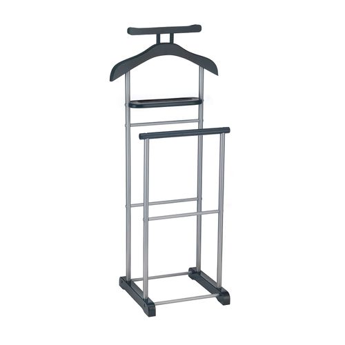 Valet De Chambre Assam Chevalet De Nuit Portant Pour Vêtements, Structure En Métal Laqué Argenté Et Mdf Noir