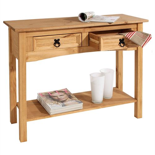 Table Console Salsa Table D'appoint En Bois Style Mexicain Avec 2 Tiroirs, En Pin Massif Finition Teintée/Cirée