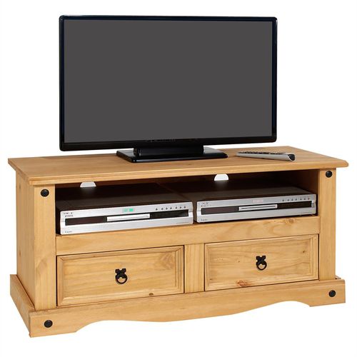 Meuble Tv Salsa Banc T?L?Vision De 108 Cm En Bois Style Mexicain Avec 2 Tiroirs Et 1 Niche, En Pin Massif Finition Teint?E/Cir?E