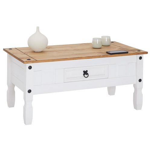 Table Basse Campo Table D'appoint Rectangulaire En Pin Massif Blanc Et Brun Avec 1 Tiroir, Meuble De Salon Style Mexicain En Bois