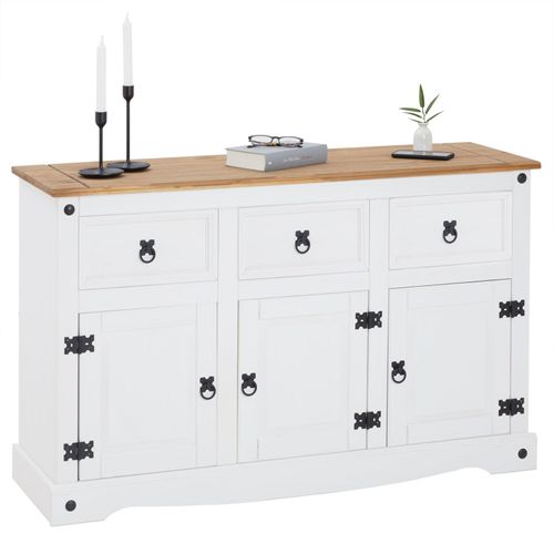 Buffet Campo Commode Bahut Vaisselier En Pin Massif Blanc Et Brun Avec 3 Tiroirs 3 Portes Meuble De Rangement Style Mexicain En Bois