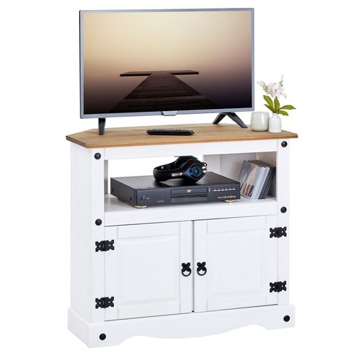 Meuble Tv Campo Banc Télévision En Pin Massif Blanc Et Brun Avec 2 Portes Et 1 Niche, Meuble De Rangement Style Mexicain En Bois