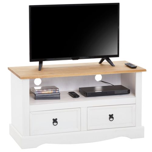 Meuble Tv Campo Banc Télévision En Pin Massif Blanc Et Brun Avec 2 Tiroirs Et 1 Niche, Meuble De Rangement Style Mexicain En Bois
