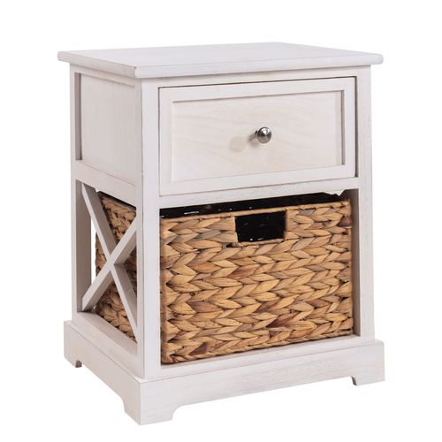 Table De Chevet Cheyenne Petite Commode De Nuit Avec 1 Tiroir Et 1 Panier Tress? En Bois De Paulownia Blanc Style Maison De Campagne