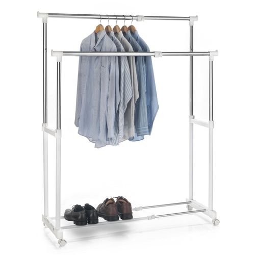 Portant À Vêtements Casa En Métal Chromé Et Blanc, Penderie Double Sur Roulettes Avec 2 Barres Hauteur Et Longueur Réglables