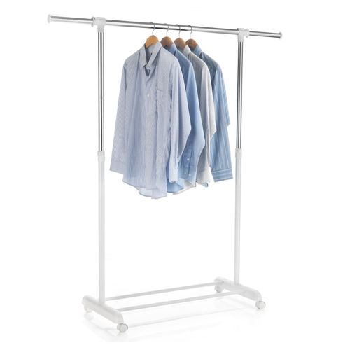 Portant À Vêtements Sala En Métal Chromé Et Blanc, Penderie Simple Sur Roulettes Avec 1 Barre Extensible Hauteur Réglable