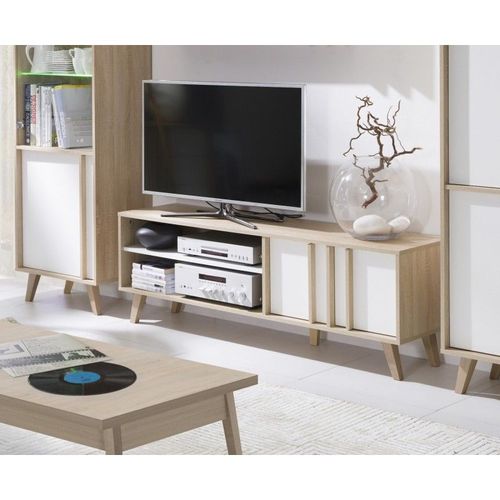 Meuble Tv - Hifi De Type Scandinave De La Collection Malmo. Coloris Blanc Mat + Sonoma.