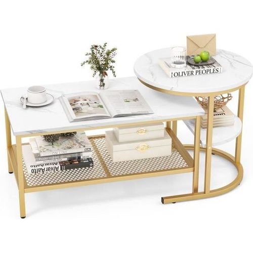 Costway Lot De 2 Tables Basses Gigognes Scandinaves - Table D'appoint Imprimée Marbre - Cadre En Métal Doré, Repose-Pieds Réglables