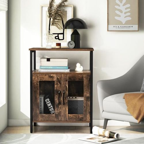 Costway Buffet De Cuisine À 2 Portes En Treillis, Avec Placard Porte-Verre Porte-Bouteilles, 60 X 34 X 79 Cm, Marron Rustique