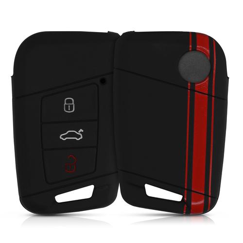 Kwmobile Accessoire Clé De Voiture Compatible Avec Vw (Keyless Go Uniquement) 3-Bouton - Coque De Protection Souple En Silicone - Bande De Couleur Rouge-Noir